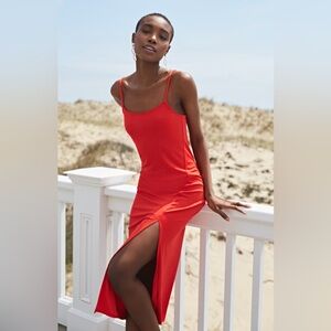 Something Navy Easy Knit Spaghetti Strap Midi Dress with Slit Red Poppy Size M